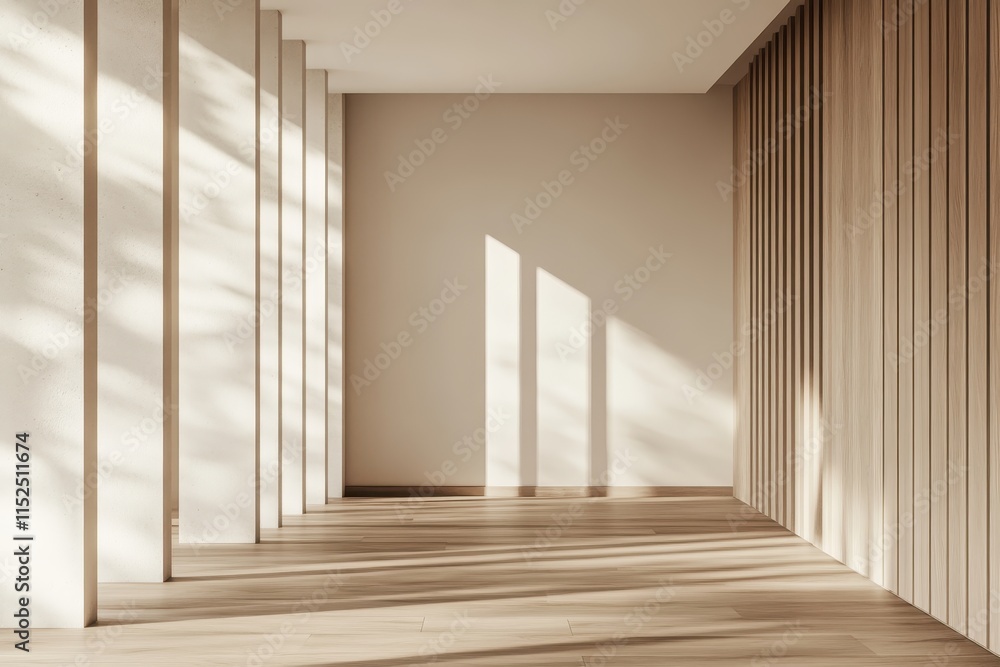 Minimalist empty room with natural light and wooden accents. Minimalist empty room with natural light and wooden accents.