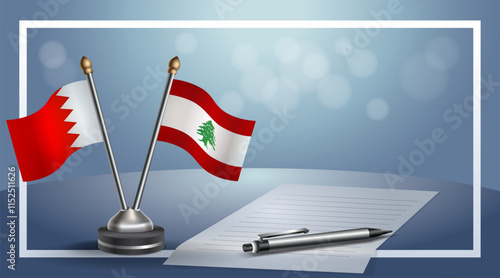 Bahrain and Lebanon National flags on small table with bokeh background, cooperative relationship