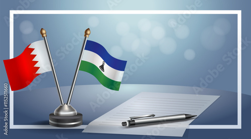 Bahrain and Lesotho National flags on small table with bokeh background, cooperative relationship