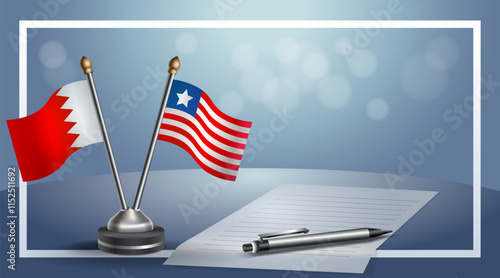 Bahrain and Liberia National flags on small table with bokeh background, cooperative relationship