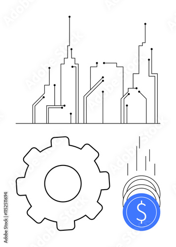 Modern city skyline with circuit lines, large cogwheel, and stack of blue dollar coins. Ideal for smart city projects, fintech industry, automation systems, financial growth, urban planning, digital
