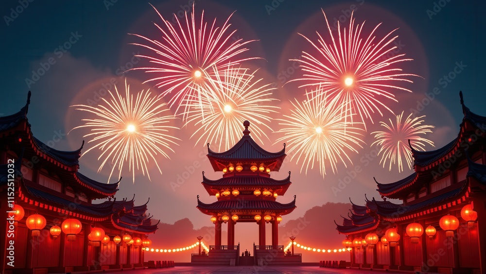 Fototapeta premium A stunning display of fireworks bursting in the night sky above a traditional Chinese temple, illuminated by red lanterns and architectural lighting. Generative, AI,