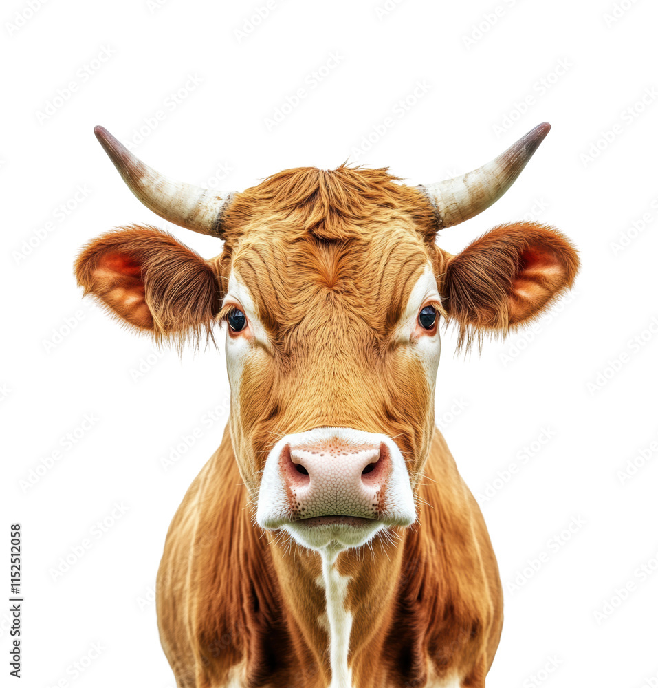 Closeup portrait of brown cow with horns, detailed face, expressive eyes, farm animal livestock for dairy and agriculture isolated on transparent background Closeup portrait of brown cow with horns, detailed face, expressive eyes, farm animal livestock for dairy and agriculture isolated on transparent background