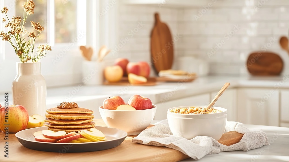 A beautifully arranged breakfast table featuring a variety of apple dishes, including apple pancakes, apple slices with nut butter, and a bowl of apple oatmeal. A beautifully arranged breakfast table featuring a variety of apple dishes, including apple pancakes, apple slices with nut butter, and a bowl of apple oatmeal.