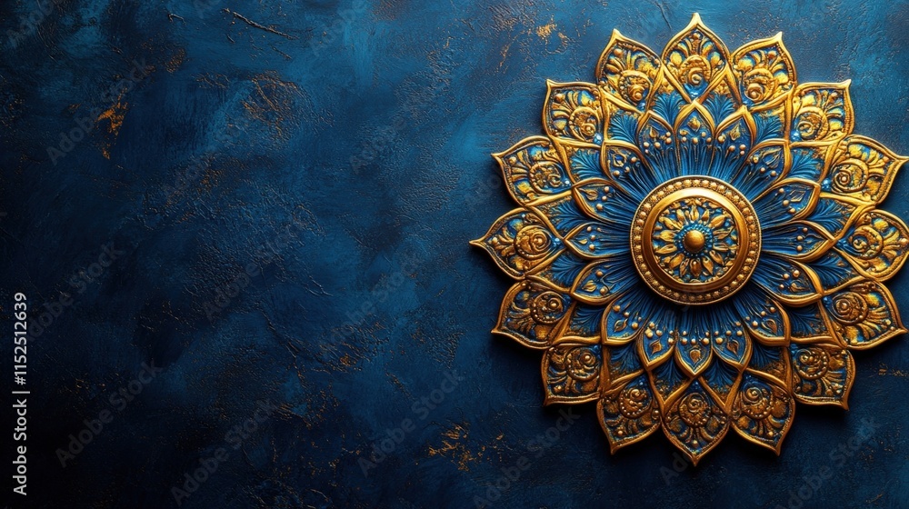 Ornate gold and blue mandala on textured blue background. Ornate gold and blue mandala on textured blue background.
