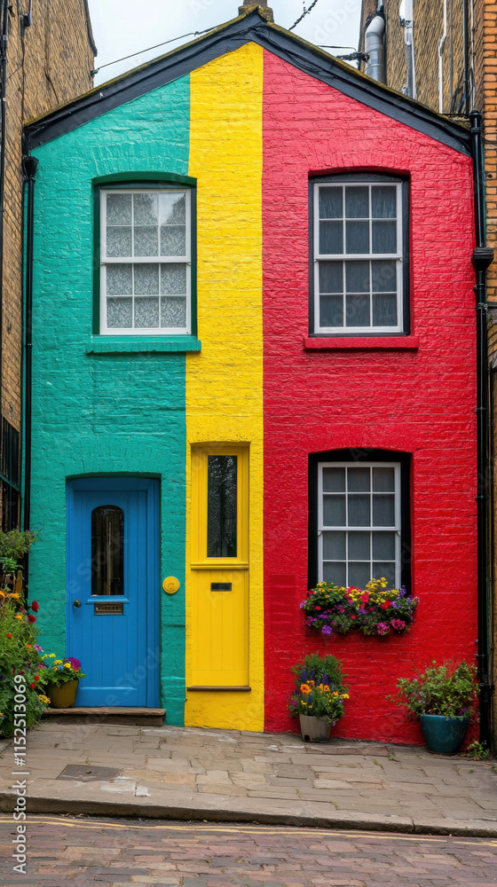 Facade, A vibrant, colorful house with sections painted in green, yellow, and red, showcasing a charming urban aesthetic and flower pots at the entrance. Facade, A vibrant, colorful house with sections painted in green, yellow, and red, showcasing a charming urban aesthetic and flower pots at the entrance.