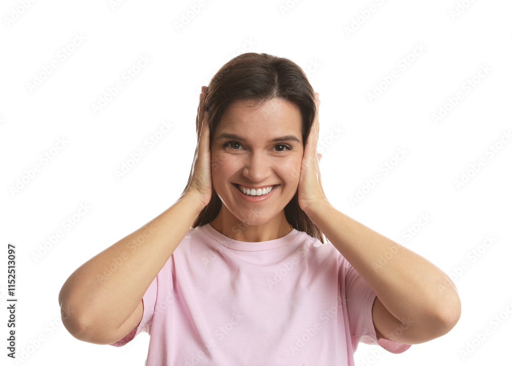 Woman covering her ears on white background Woman covering her ears on white background