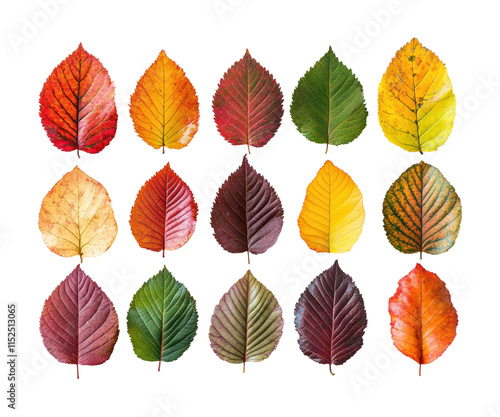 Colorful autumn leaves collection in vibrant red, orange, yellow, and green shades arranged in rows, seasonal nature background for fall decoration concepts isolated on transparent background