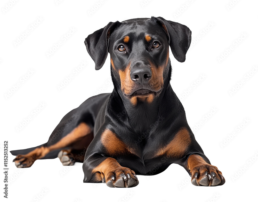 Portrait of a Doberman dog lying down with attentive expression, shiny black coat, muscular build, loyal pet, and guard dog traits isolated on transparent background Portrait of a Doberman dog lying down with attentive expression, shiny black coat, muscular build, loyal pet, and guard dog traits isolated on transparent background