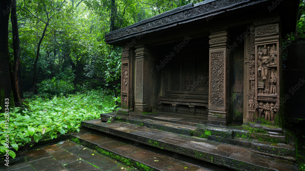 Facade, Ancient stone structure nestled in lush greenery, surrounded by vibrant foliage and natural light, evoking a serene and mystical atmosphere. Facade, Ancient stone structure nestled in lush greenery, surrounded by vibrant foliage and natural light, evoking a serene and mystical atmosphere.