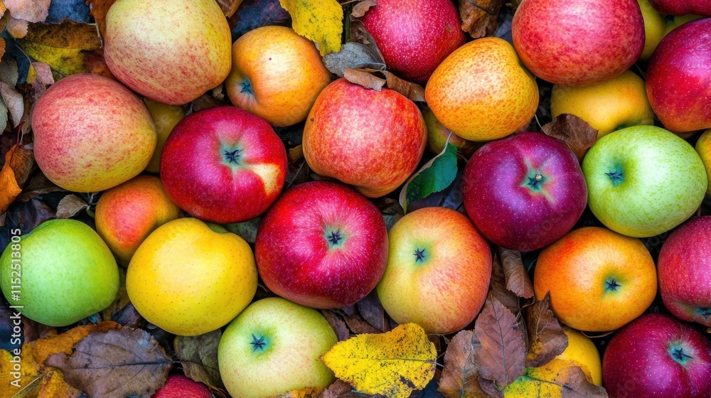 Freshly Harvested Apples Surrounded by Autumn Leaves and Colors Freshly Harvested Apples Surrounded by Autumn Leaves and Colors