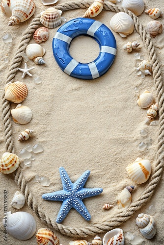 Summer Beach Seashells Rope Starfish Lifebuoy Sand Background photo