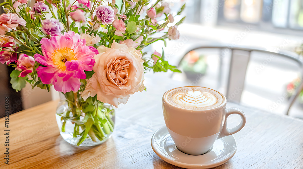 cozy scene featuring cup of coffee beside beautiful floral arrangement, creating warm and inviting atmosphere cozy scene featuring cup of coffee beside beautiful floral arrangement, creating warm and inviting atmosphere