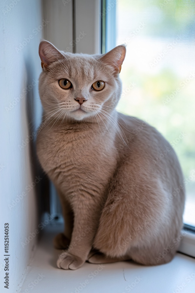 Adorable Lilac British Shorthair Cat Sitting by Window Adorable Lilac British Shorthair Cat Sitting by Window