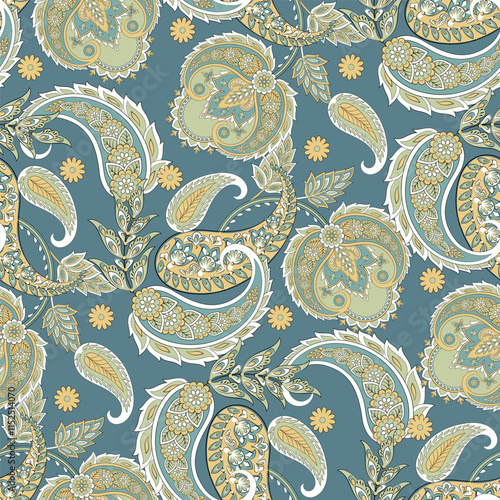 Floral seamless pattern with paisley ornament. Vector illustration in asian textile style