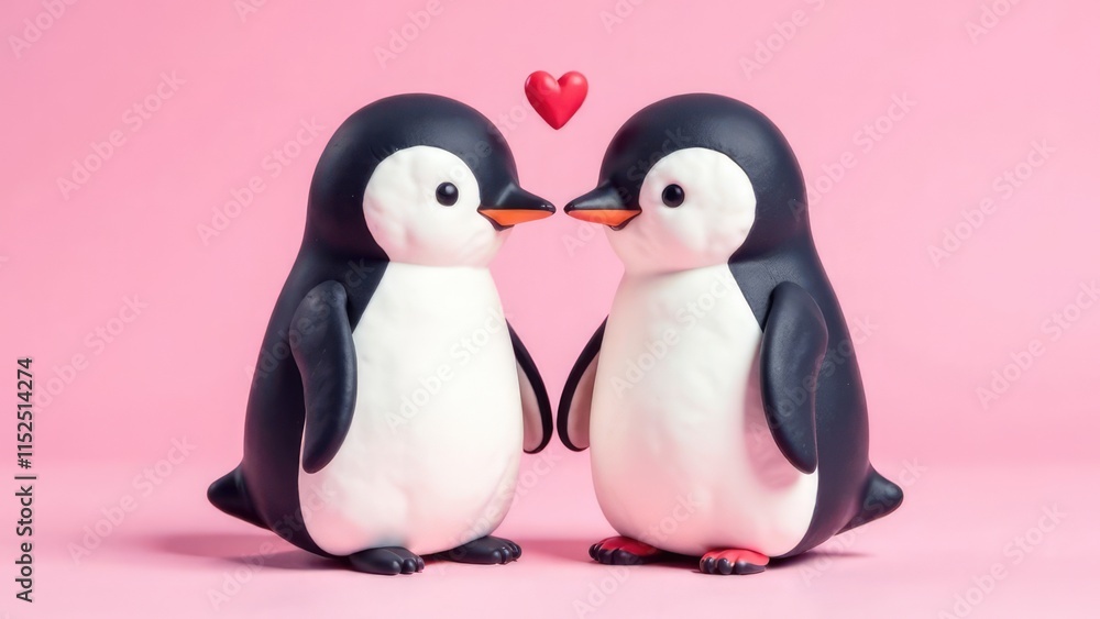 Obraz premium Two penguin figures are positioned face-to-face with a heart above them on a pink background, ideal for Valentine's Day. Concept of Penguins in love.