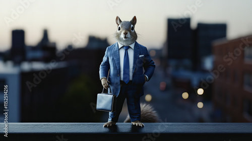 Squirrel in a tailored business suit confidently stands on a city rooftop at dusk with a briefcase in hand