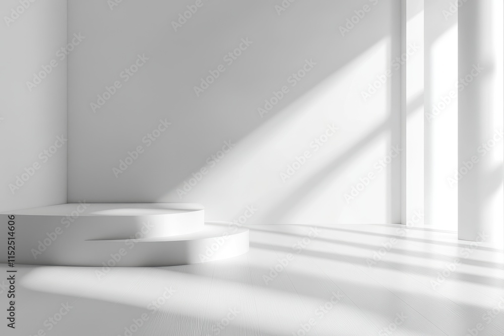 Minimalist white room corner with sunlight and stepped display platform. Minimalist white room corner with sunlight and stepped display platform.