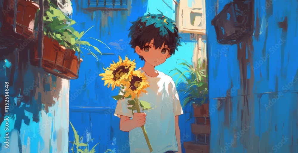 Anime-style boy with black hair holding sunflowers in a sunny courtyard with blue walls, surrounded by plants, in an oil painting effect. Anime-style boy with black hair holding sunflowers in a sunny courtyard with blue walls, surrounded by plants, in an oil painting effect.