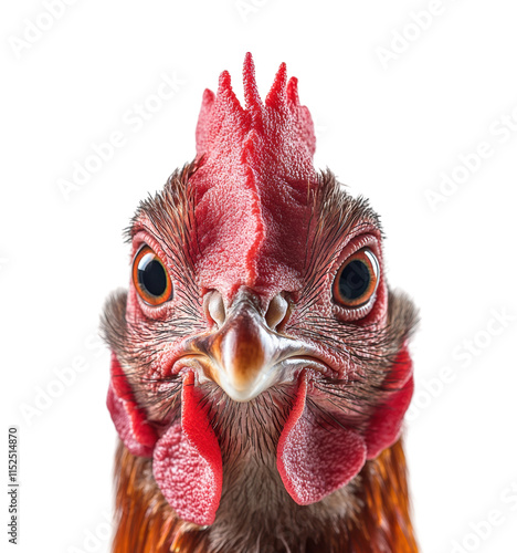 Close-up of chicken head with red comb and wattles, detailed poultry face, farming or agricultural theme, white feathers isolated on transparent background photo