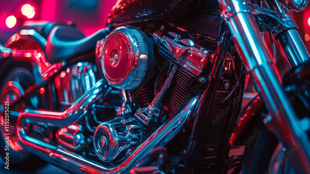 Chrome Motorcycle Engine Glows Under Neon Lights Chrome Motorcycle Engine Glows Under Neon Lights