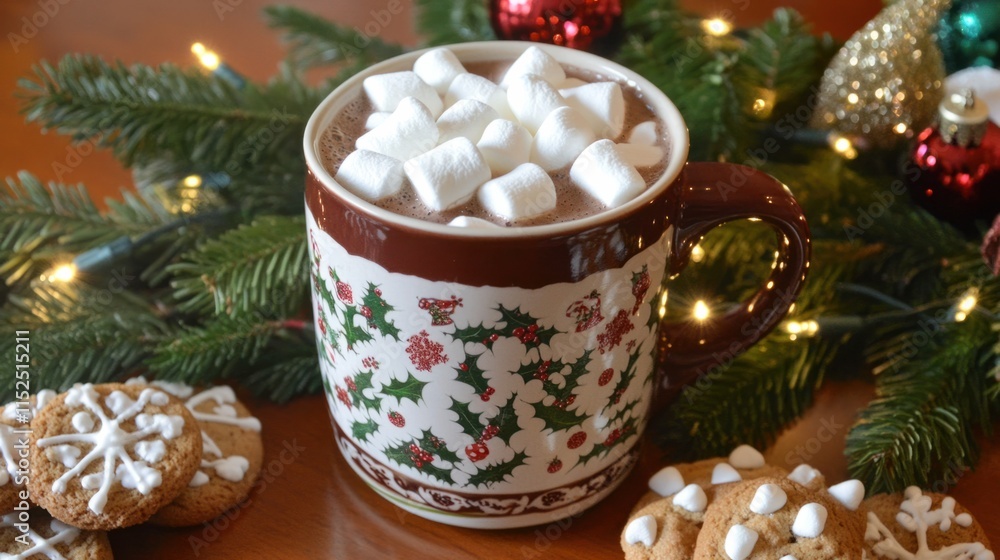 A classic hot chocolate with marshmallows in a festive mug, surrounded by Christmas cookies and holiday greenery A classic hot chocolate with marshmallows in a festive mug, surrounded by Christmas cookies and holiday greenery