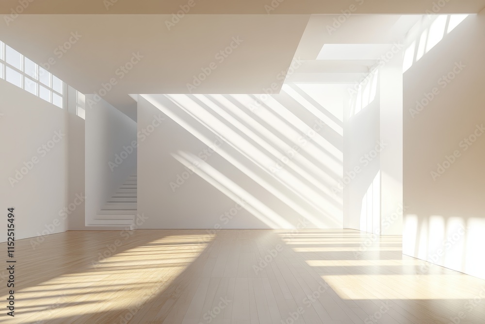 Sunlit minimalist empty room with stairs and hardwood floor. Sunlit minimalist empty room with stairs and hardwood floor.