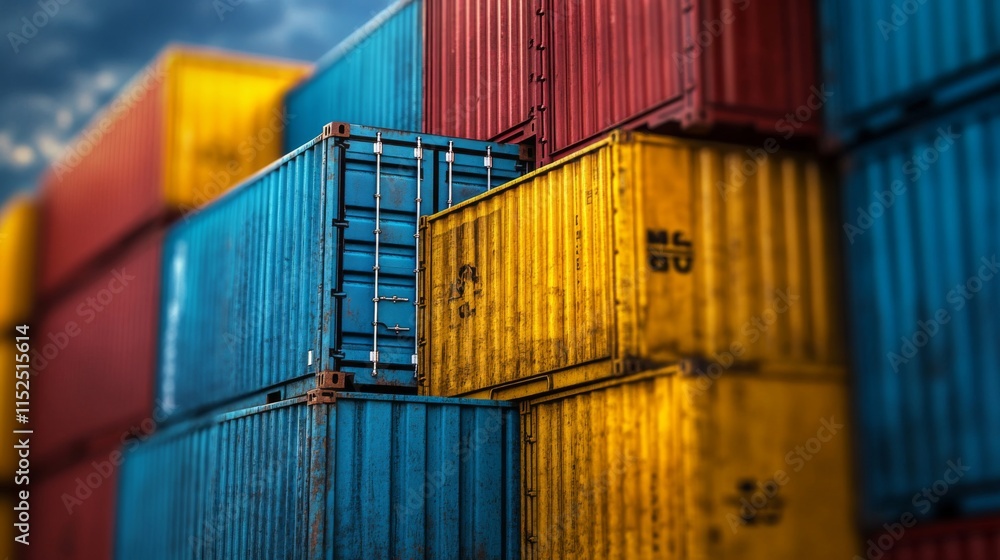 Fototapeta premium Colorful Cargo Containers Stacked High in a Port Yard