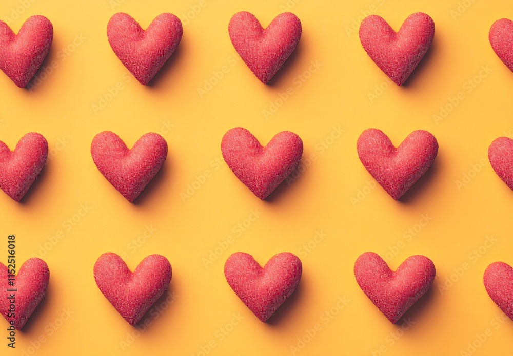 Romantic Red Hearts Pattern on Yellow Background Valentines Day Romantic Red Hearts Pattern on Yellow Background Valentines Day
