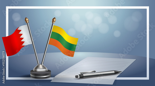 Bahrain and Lithuanian National flags on small table with bokeh background, cooperative relationship