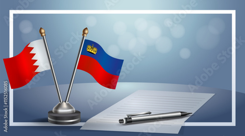Bahrain and Liechtenstein National flags on small table with bokeh background, cooperative relationship