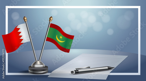 Bahrain and Mauritania National flags on small table with bokeh background, cooperative relationship