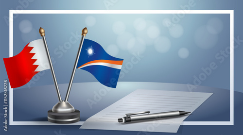 Bahrain and Marshall Islands National flags on small table with bokeh background, cooperative relationship