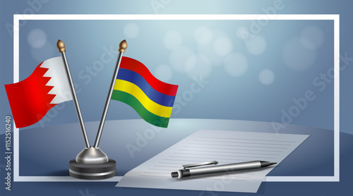 Bahrain and Mauritius National flags on small table with bokeh background, cooperative relationship
