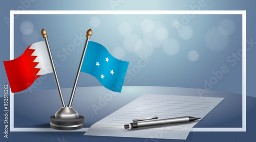 Bahrain and Micronesia National flags on small table with bokeh background, cooperative relationship