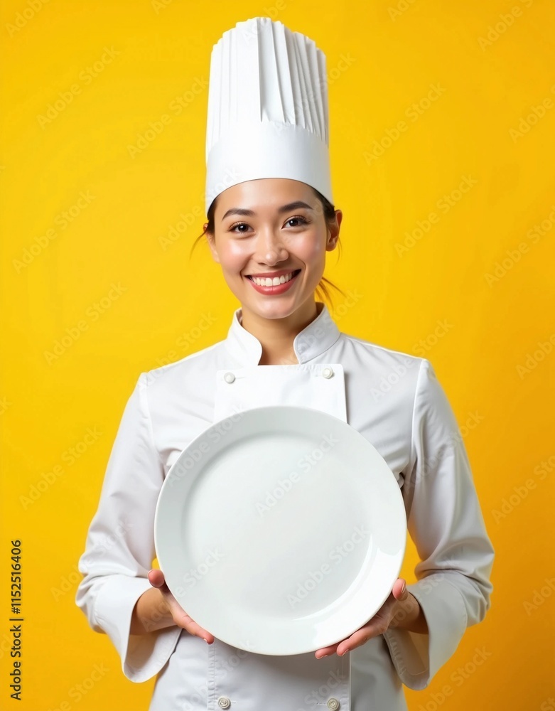 a female chef smiling and holding an empty white plate, shown to the camera isolated on a yellow background a female chef smiling and holding an empty white plate, shown to the camera isolated on a yellow background