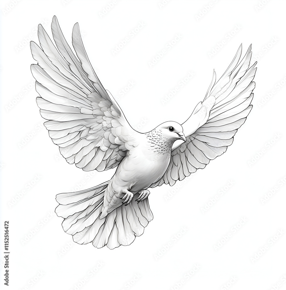 Fototapeta premium Beautiful line art illustration of a fully flying dove, white background