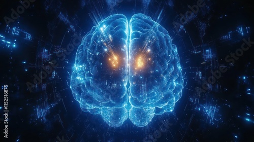 Glowing digital human brain, neural network concept.