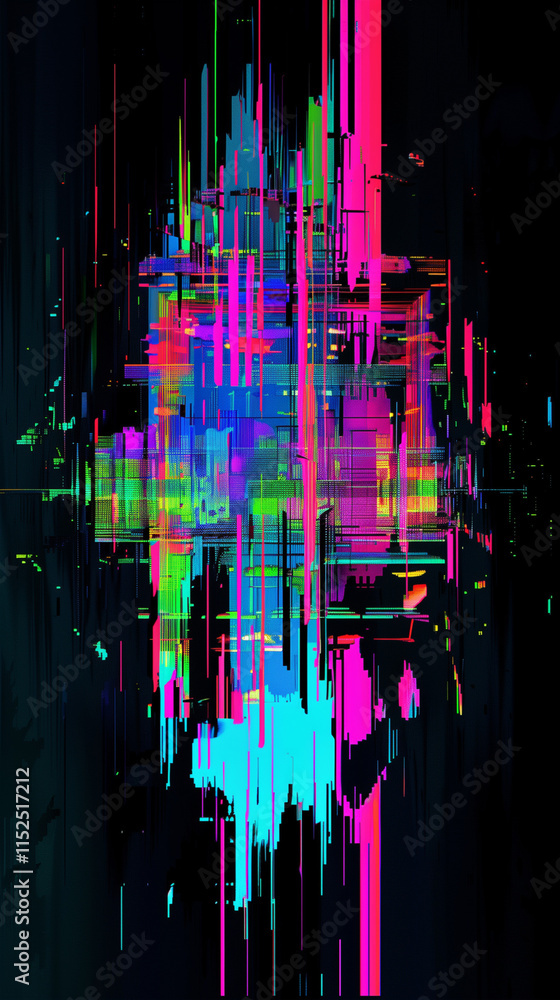 Obraz premium Vivid glitch art design featuring colorful vertical distortions, pixel effects, and futuristic patterns in pink, blue, and green tones. 