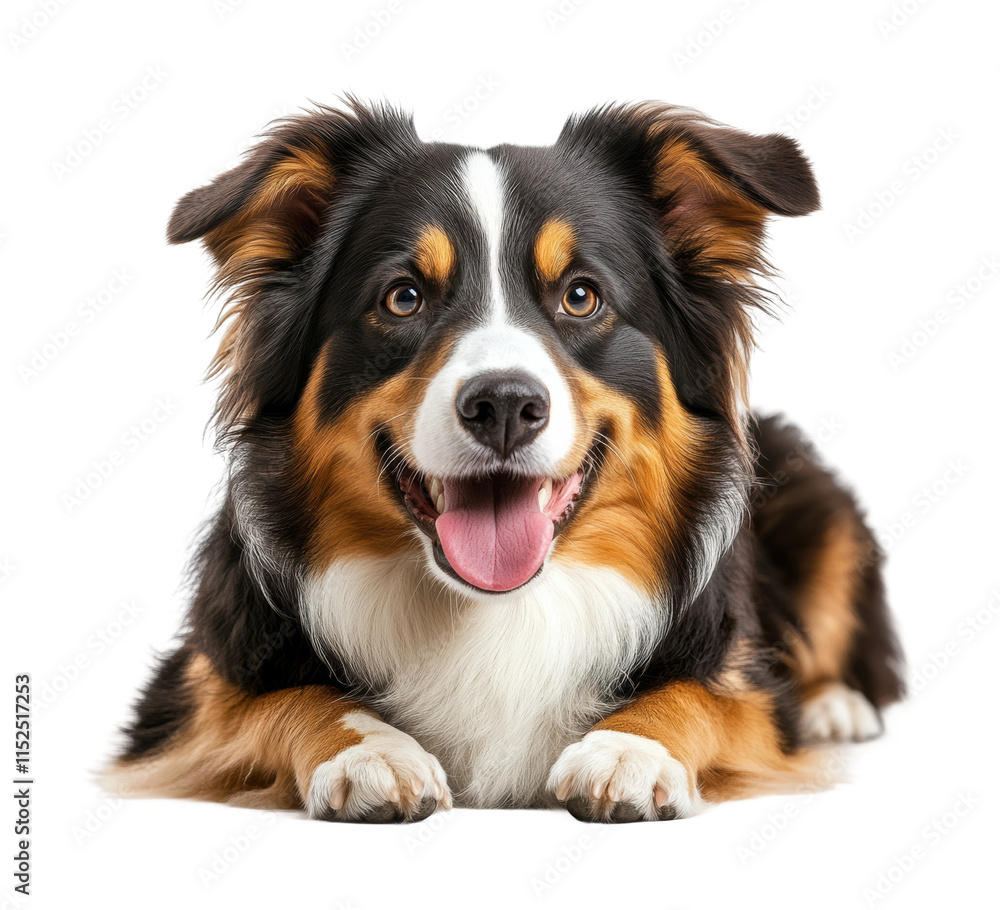 Happy Australian Shepherd dog lying down with tongue out, relaxed and friendly pet portrait, playful canine for animal lovers isolated on transparent background Happy Australian Shepherd dog lying down with tongue out, relaxed and friendly pet portrait, playful canine for animal lovers isolated on transparent background