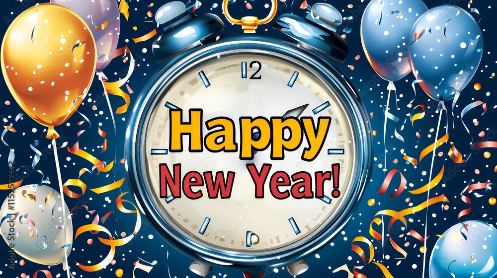 Fototapeta premium Happy New Year's Eve Countdown Clock with Balloons and Confetti