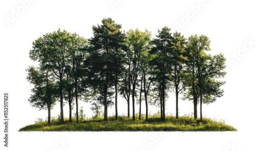 Fototapeta Naklejka Na Ścianę i Meble -  Lush green forest with tall vibrant trees, dense woodland scene featuring natural foliage, nature environment, and eco-friendly landscape isolated on transparent background