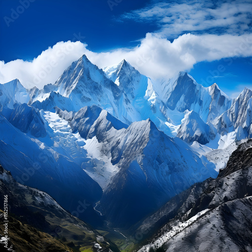 Mystical Dhauladhar: Majestic Snow-Capped Peaks Against Azure Sky photo