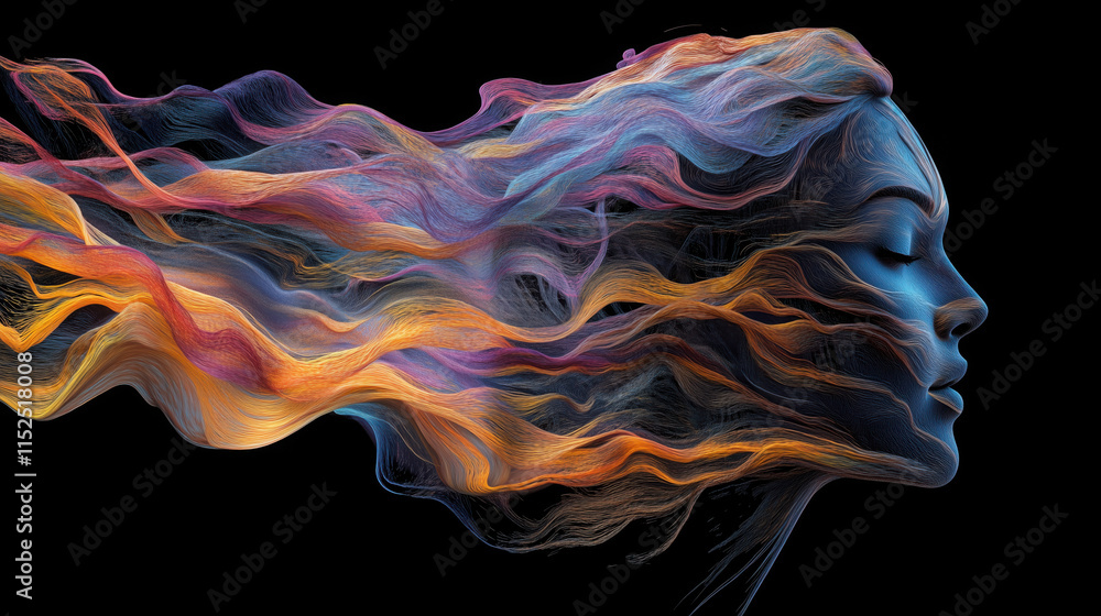 Artistic Visualization of Human Emotions Represented as Flowing Rivers of Color Weaving into a Complex Pattern Forming the Silhouette of a Human Face Artistic Visualization of Human Emotions Represented as Flowing Rivers of Color Weaving into a Complex Pattern Forming the Silhouette of a Human Face