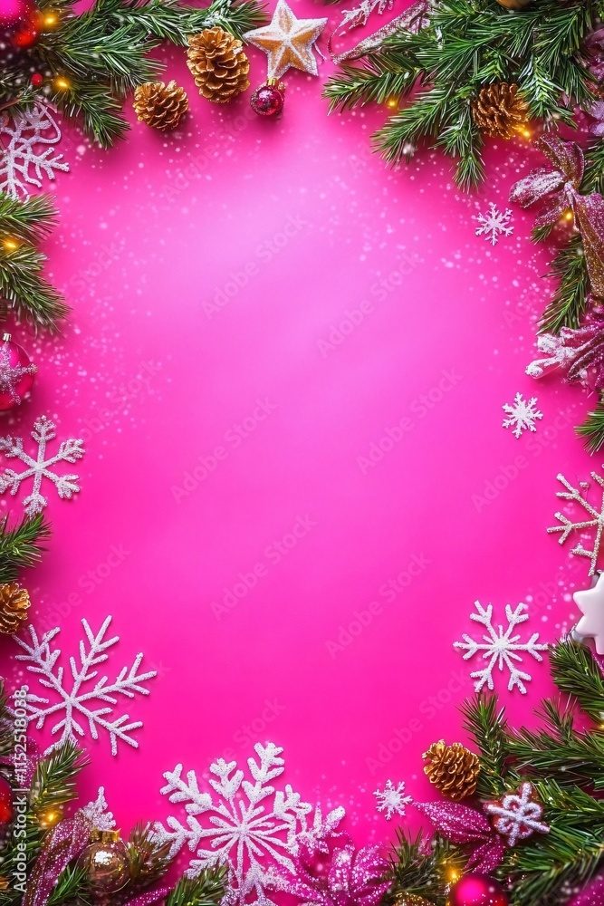 Pink Christmas Background with Snowflakes and Ornaments Pink Christmas Background with Snowflakes and Ornaments