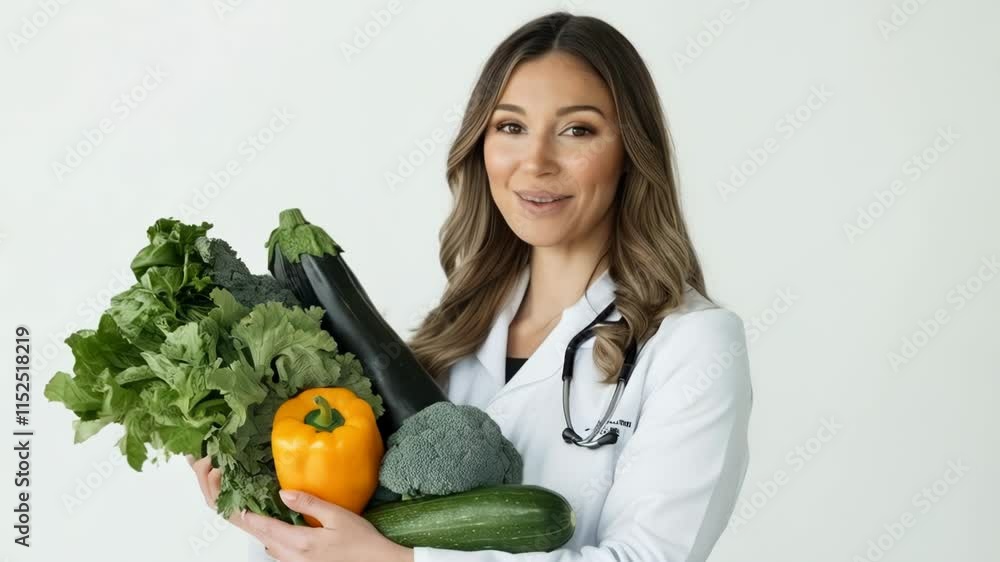 Healthy Lifestyle. Smiling Female Doctor Holding Fresh Fruits and Vegetables