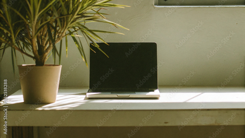Fototapeta premium The open laptop with a blank screen rests on a wooden table, ready for work in vintage room design