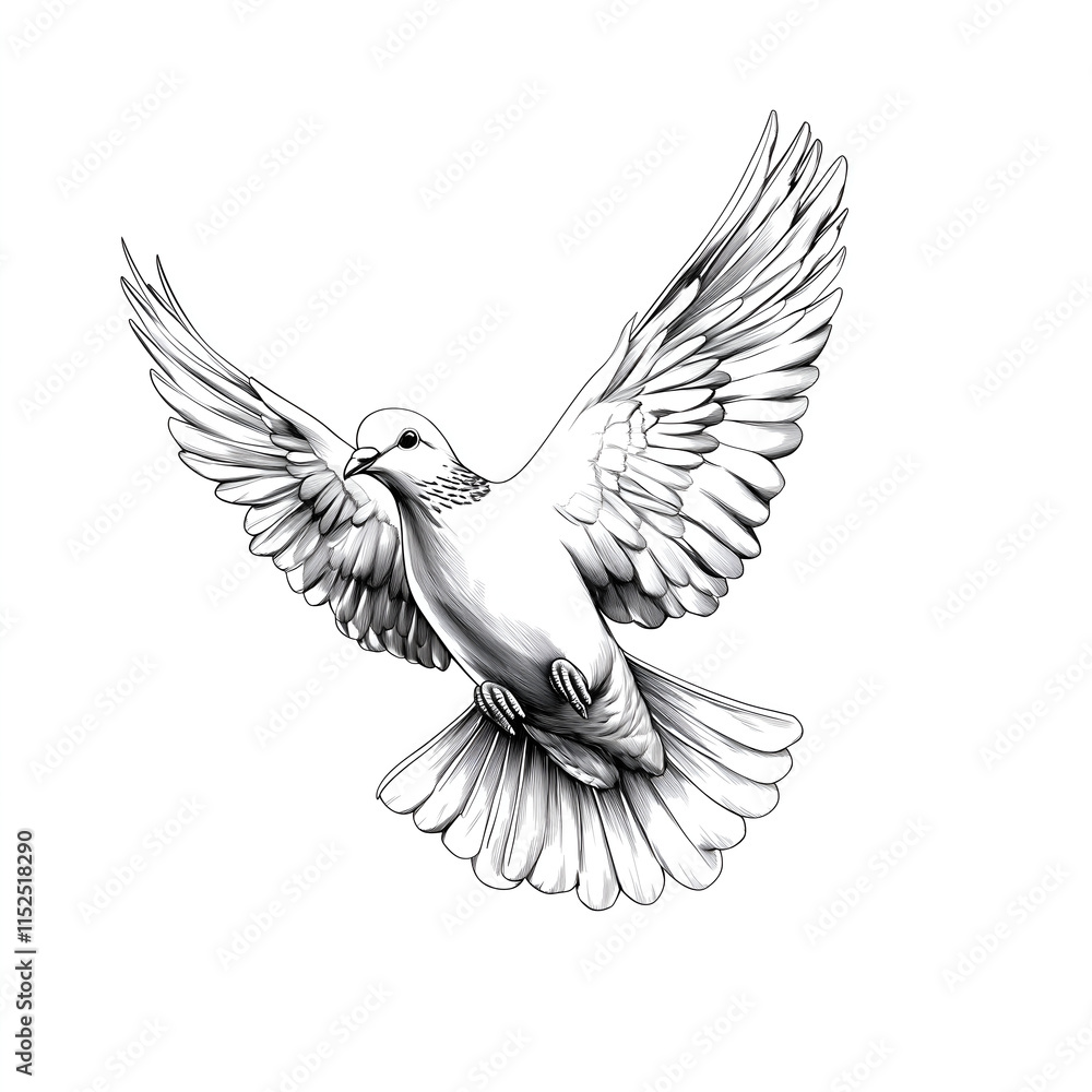 Fototapeta premium Beautiful line art illustration of a fully flying dove, white background