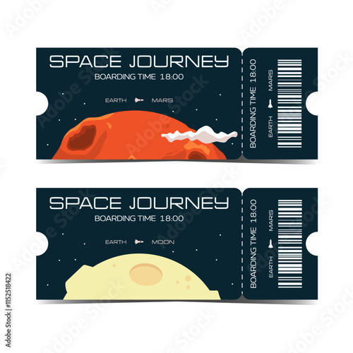 Set of vector ticket template with dark blue space background and planets. Hand drawn celestial bodies in cartoon stylisation. Admission for planetarium, exhibition, show. Mars and moon in flat style