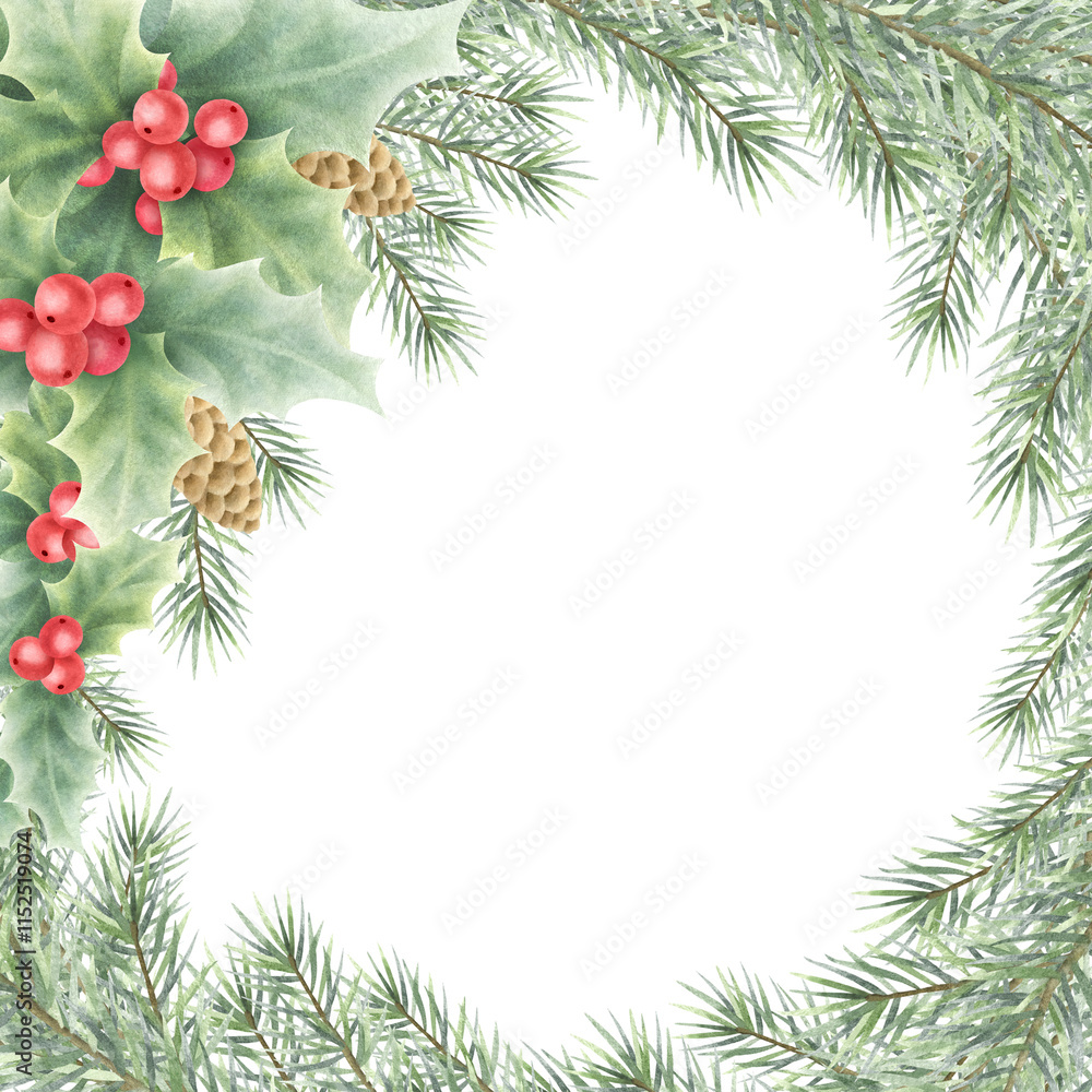 Christmas holly, berries, green spruce branches and cones. Hand drawn watercolor isolated festive illustration fir tree twigs. Square frame with copy space for text for New Year greeting templates. Christmas holly, berries, green spruce branches and cones. Hand drawn watercolor isolated festive illustration fir tree twigs. Square frame with copy space for text for New Year greeting templates.